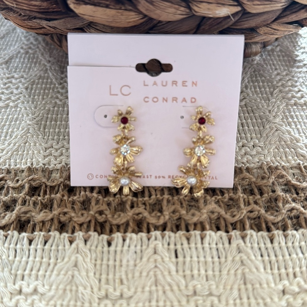 LC Lauren Conrad Gold and White Elegant Dangle Earrings